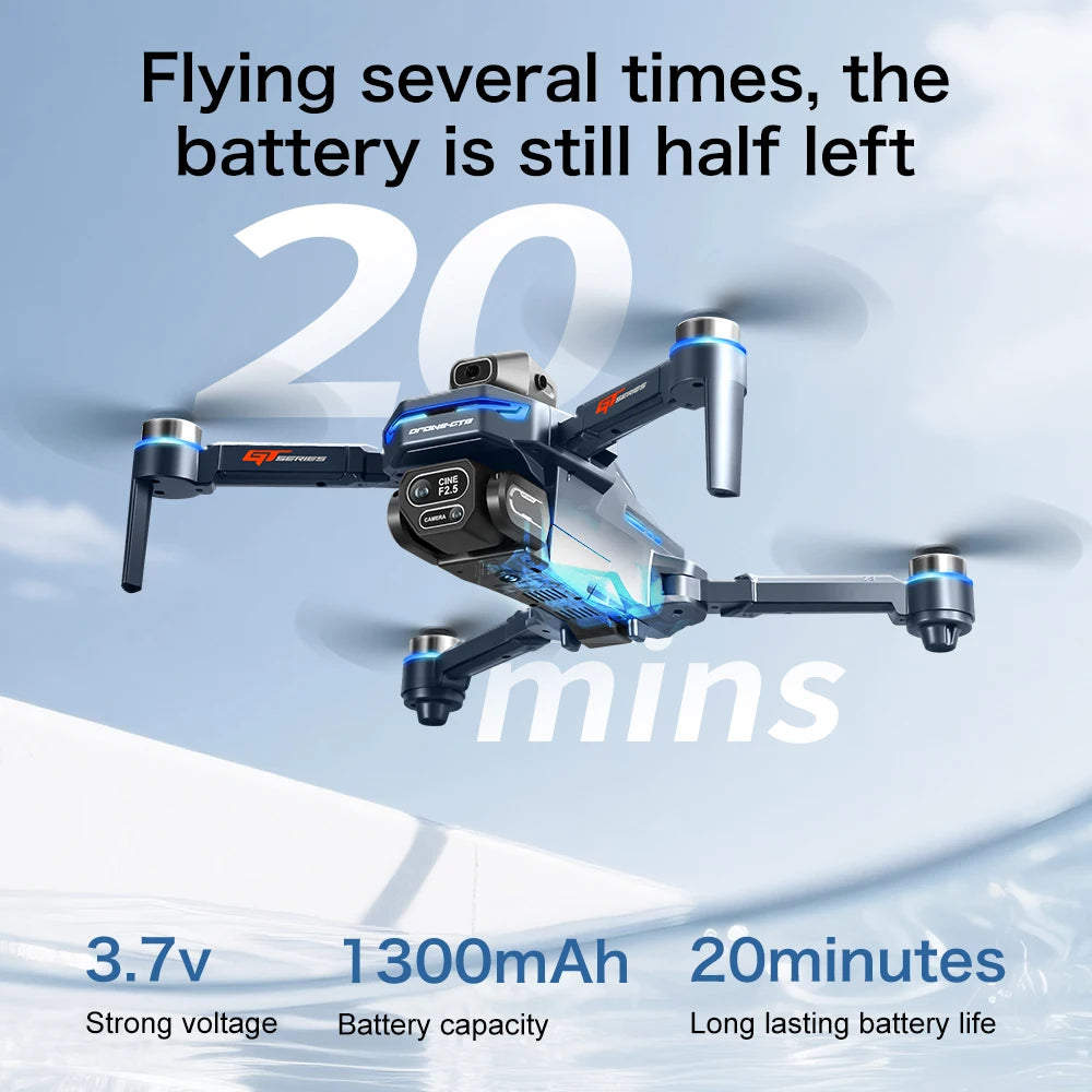 Drone with battery information displayed on a blue background