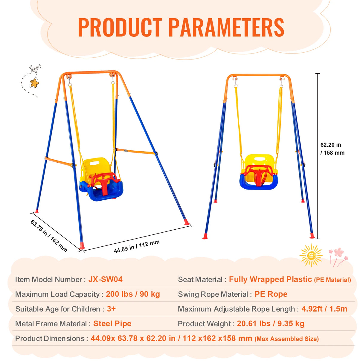 Children's swing set with measurements and product parameters on a white background