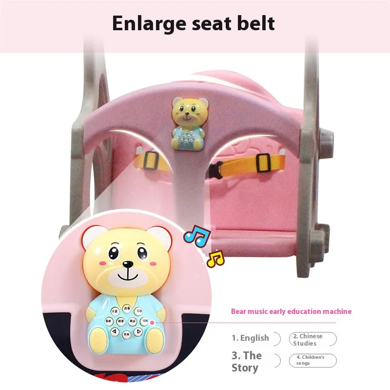 Pink baby seat with cartoon bear design and text 'Enlarge seat belt' on a white background