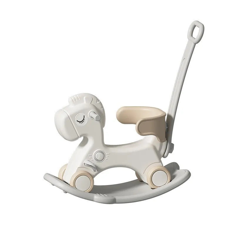 White and beige rocking horse toy on a white background