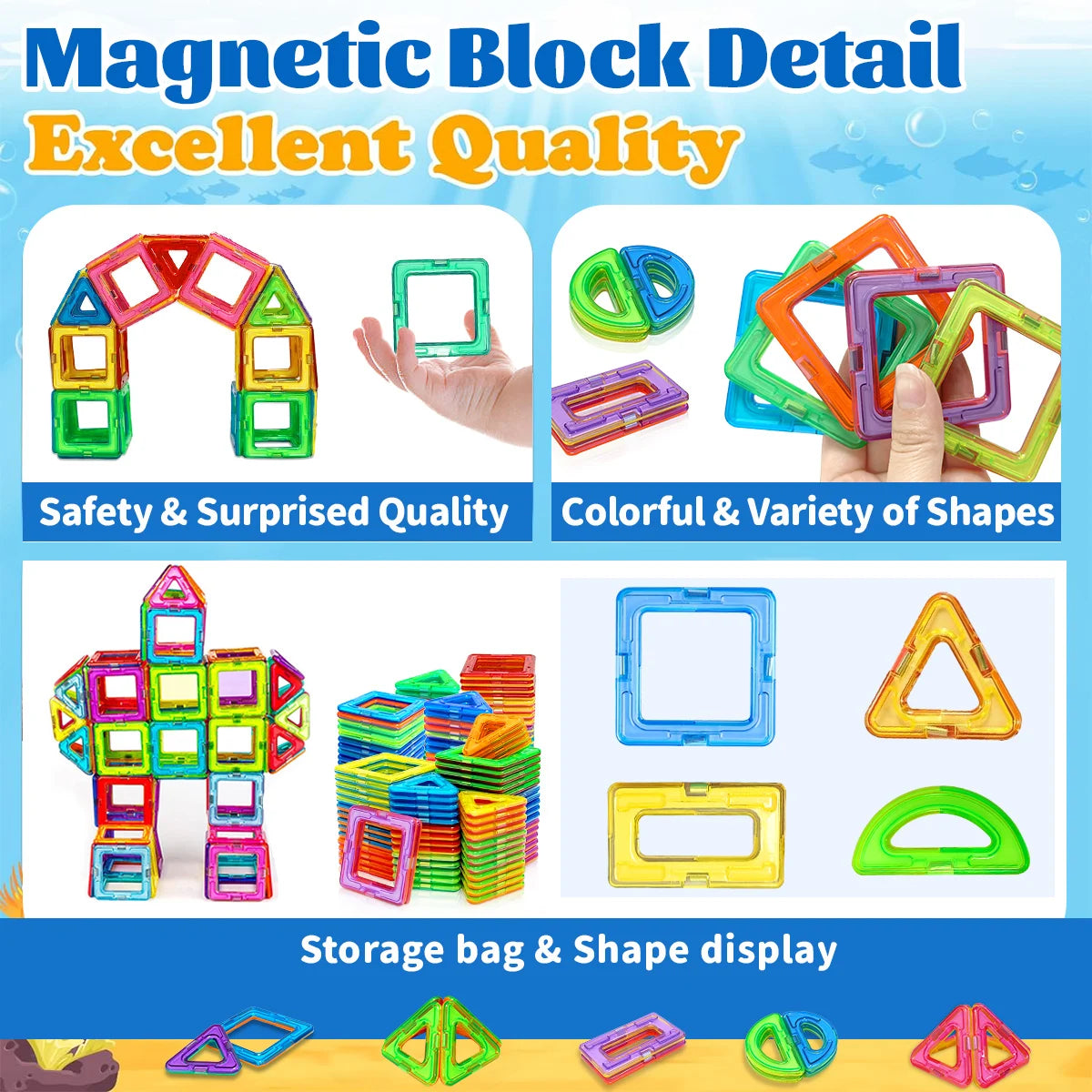 Colorful magnetic blocks with text highlighting quality, safety, and variety of shapes.