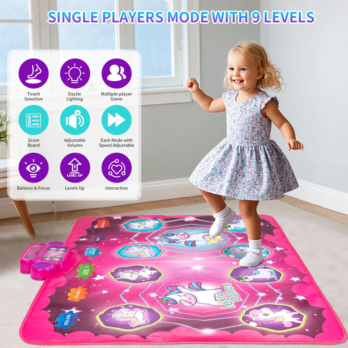 Child on a pink dancing mat with features displayed on a screen