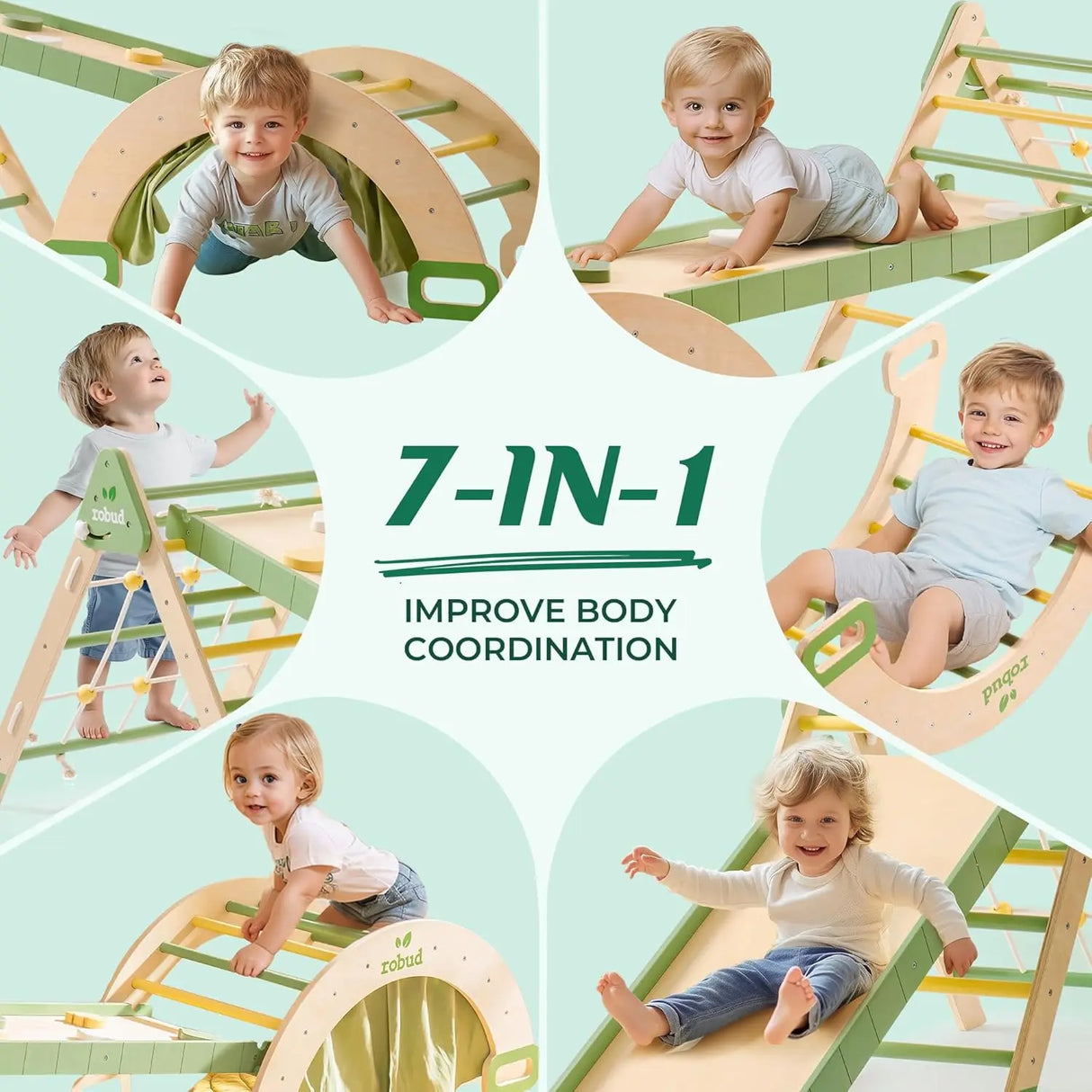Children playing on a 7-in-1 wooden play structure with text highlighting its benefits.