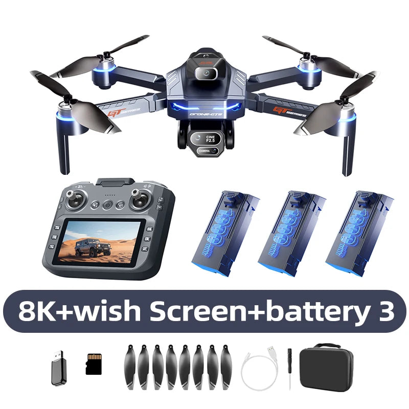 Drone with remote control, batteries, propellers, and accessories on a white background