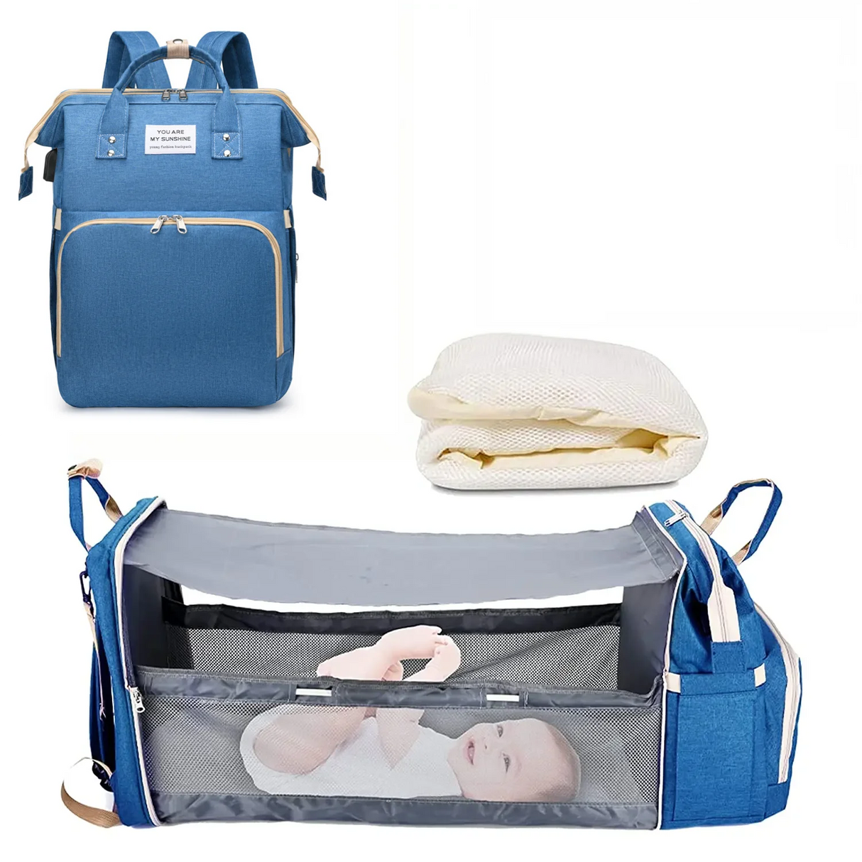 Blue baby backpack with changing pad and mattress on a white background