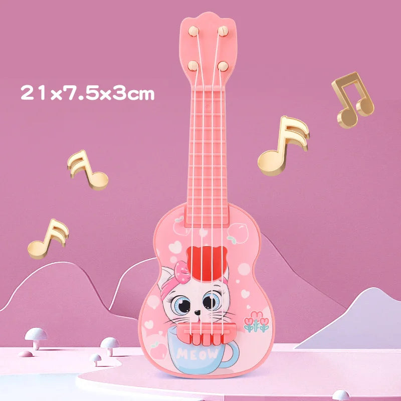 Pink toy guitar with cartoon cat design on a pink background with musical notes.