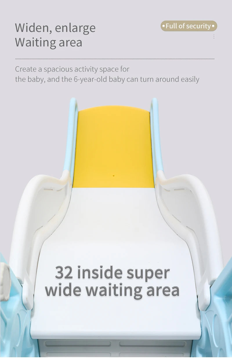 White and yellow baby gate with text on a light gray background