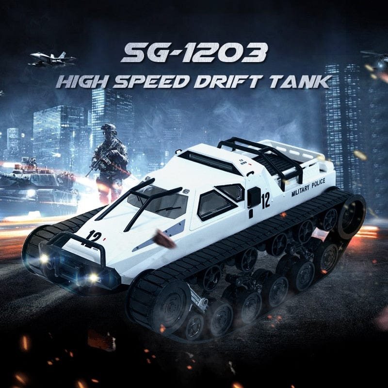 High-speed drift tank with cityscape and soldier.