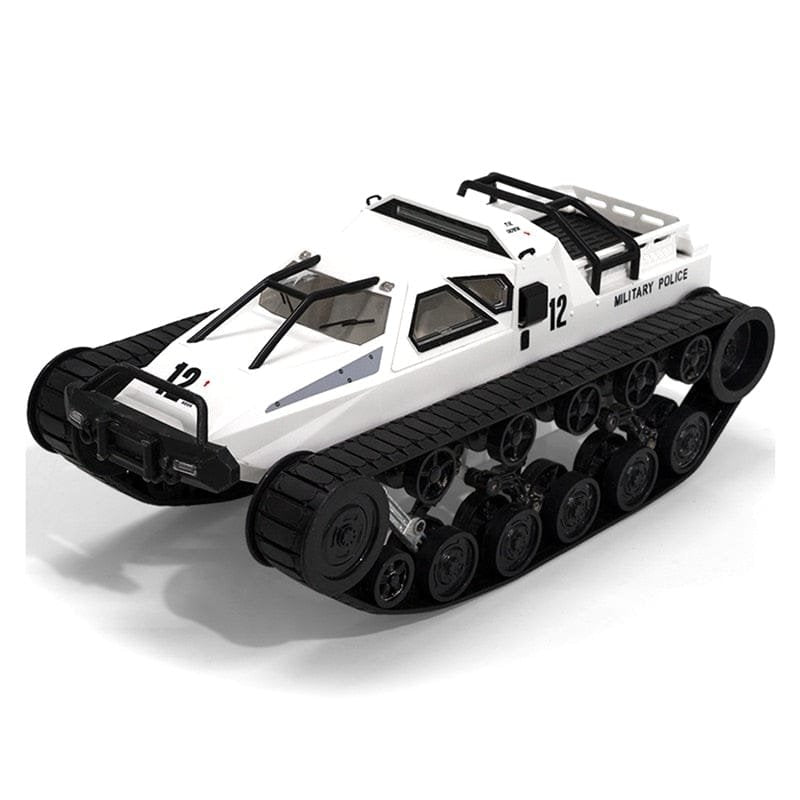 A white Model of a military vehicle with tracks.
