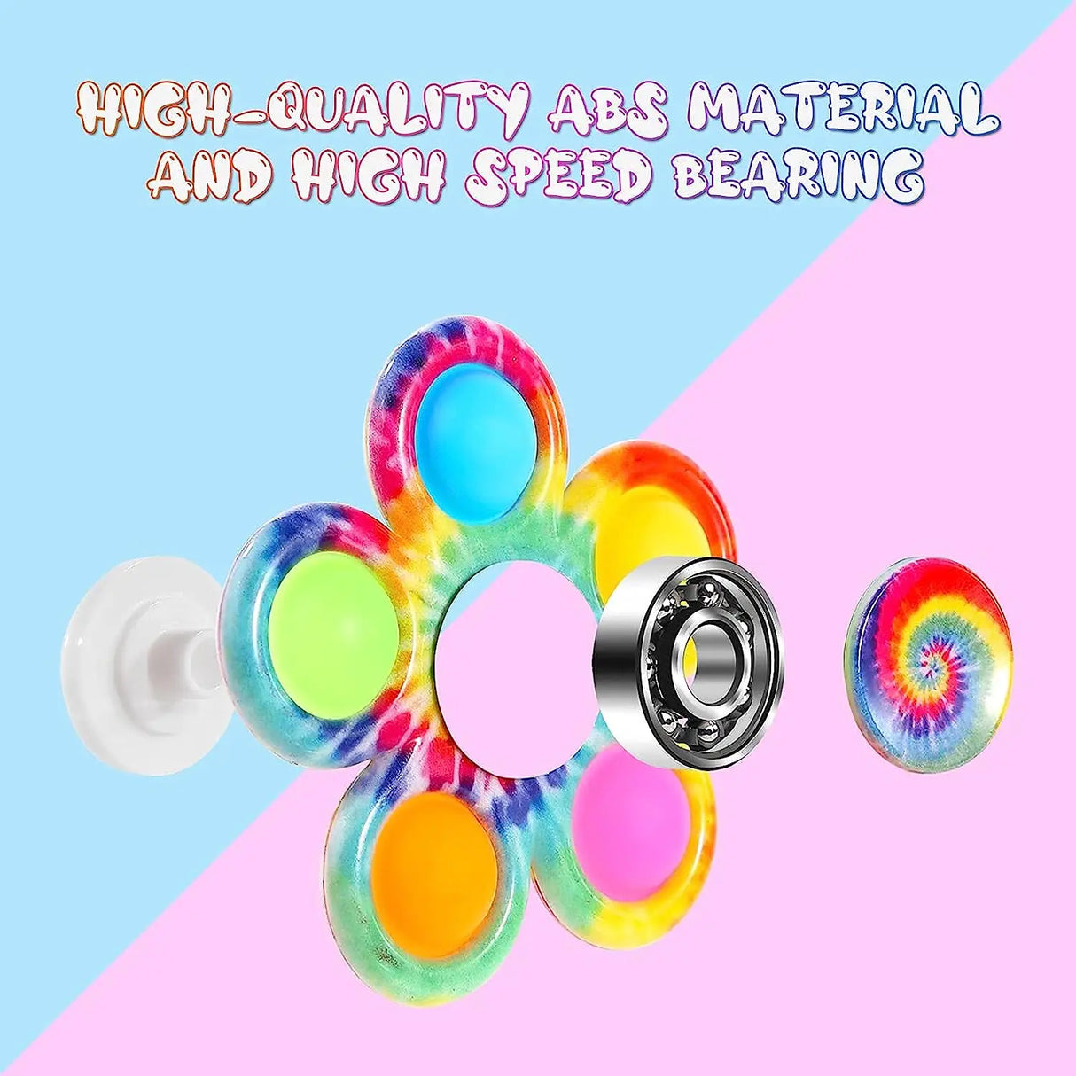 Colorful fidget spinner with tie-dye design on a pink and blue background, featuring text about material and bearing quality.