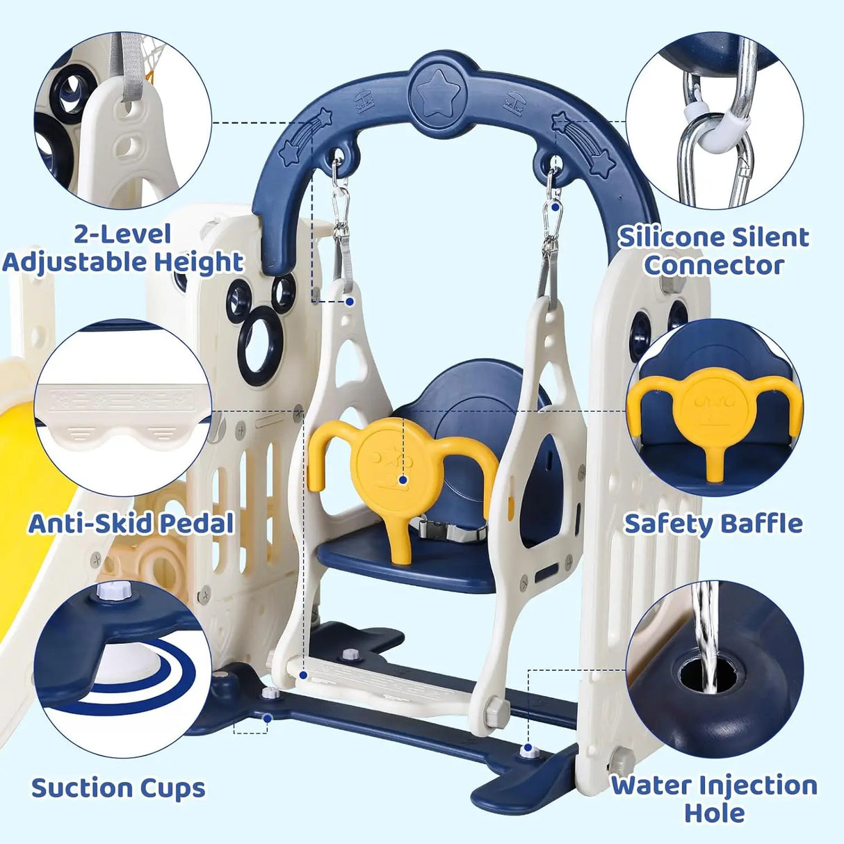 Children's swing set with features highlighted on a light blue background