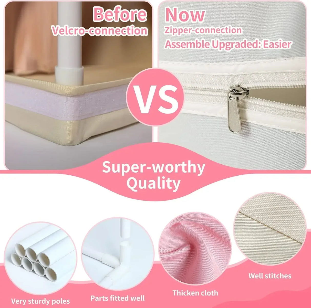 Comparison of a product with velcro connection vs. zipper connection, highlighting upgraded features and quality attributes.