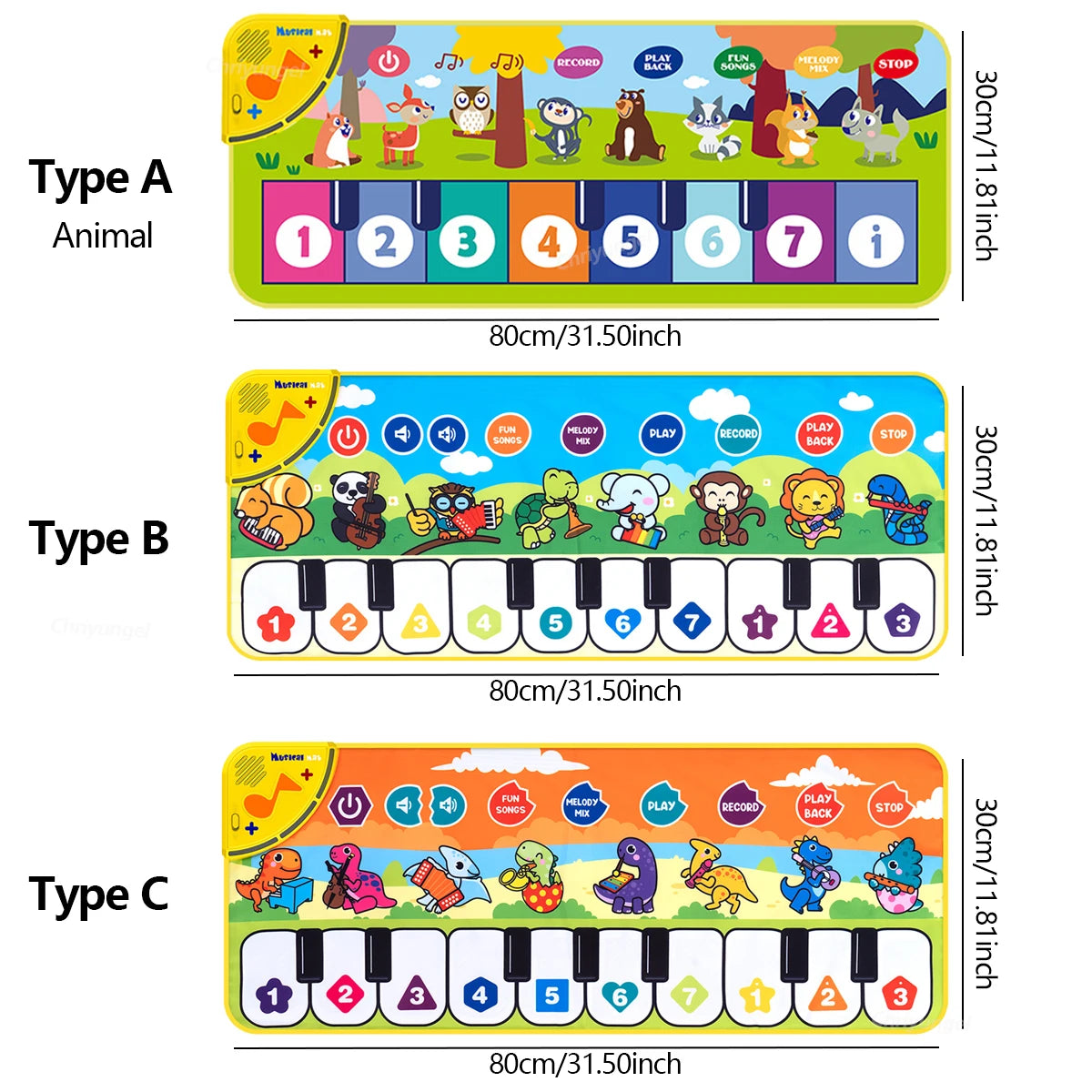 Three types of children's educational toys with animal illustrations and keyboard-like designs.