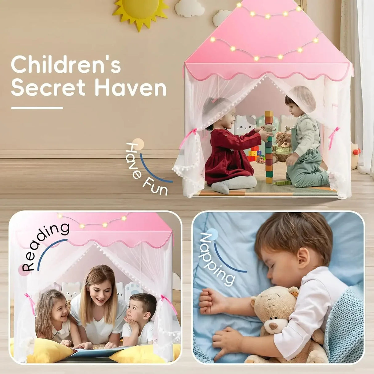 Children's play tent with children playing inside, reading, and napping, labeled 'Children's Secret Haven'.