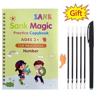 Sank Magic Practice Copybook for ages 3+ with pens on a white background