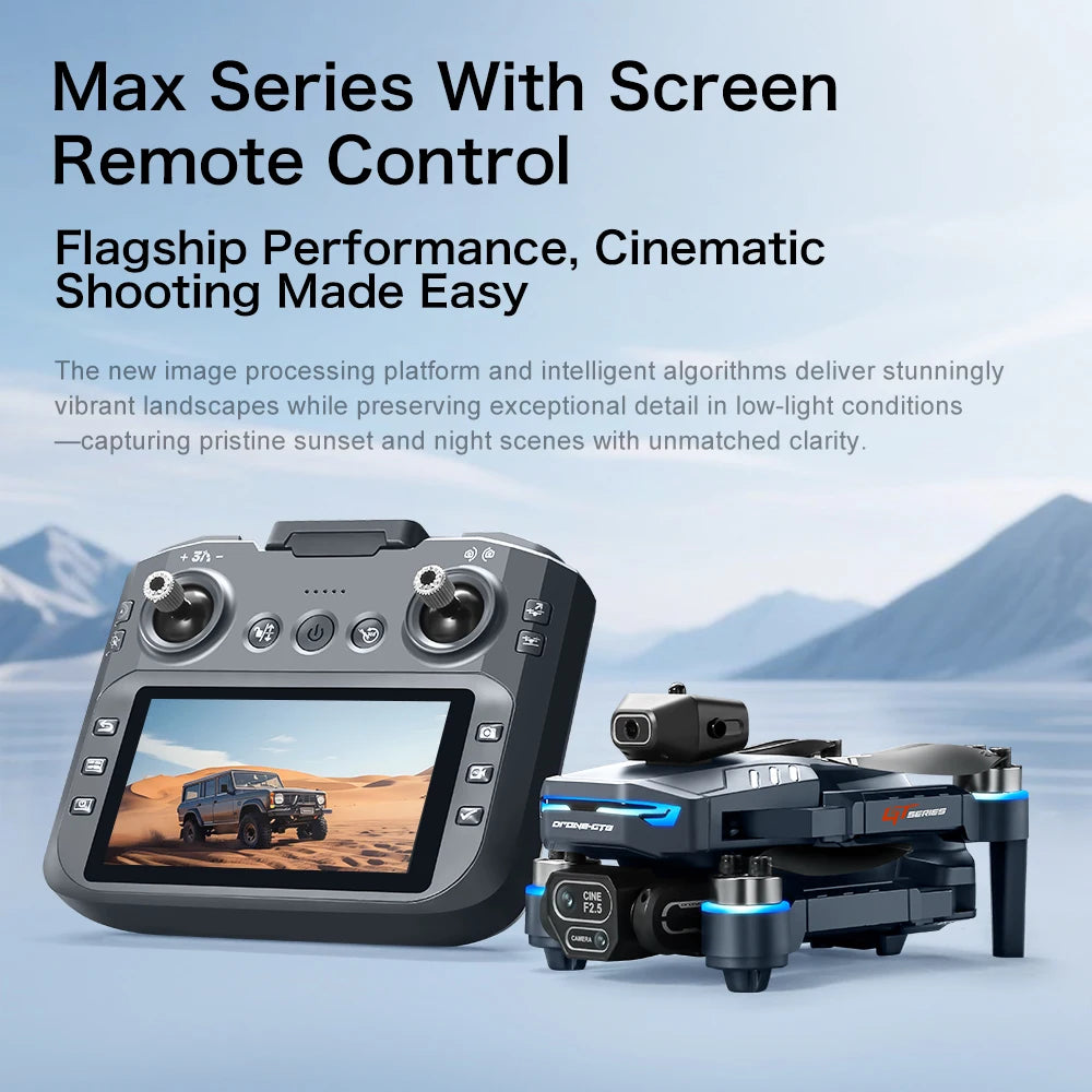 Max Series drone with screen remote control and scenic display on a blue background