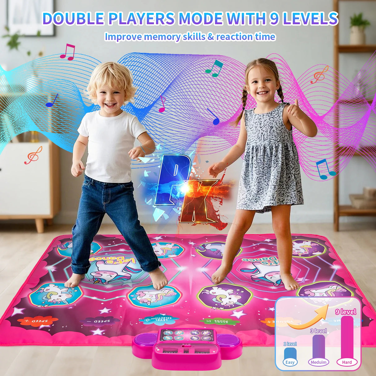 Two children playing on a dance mat with colorful graphics and text about game modes and features.