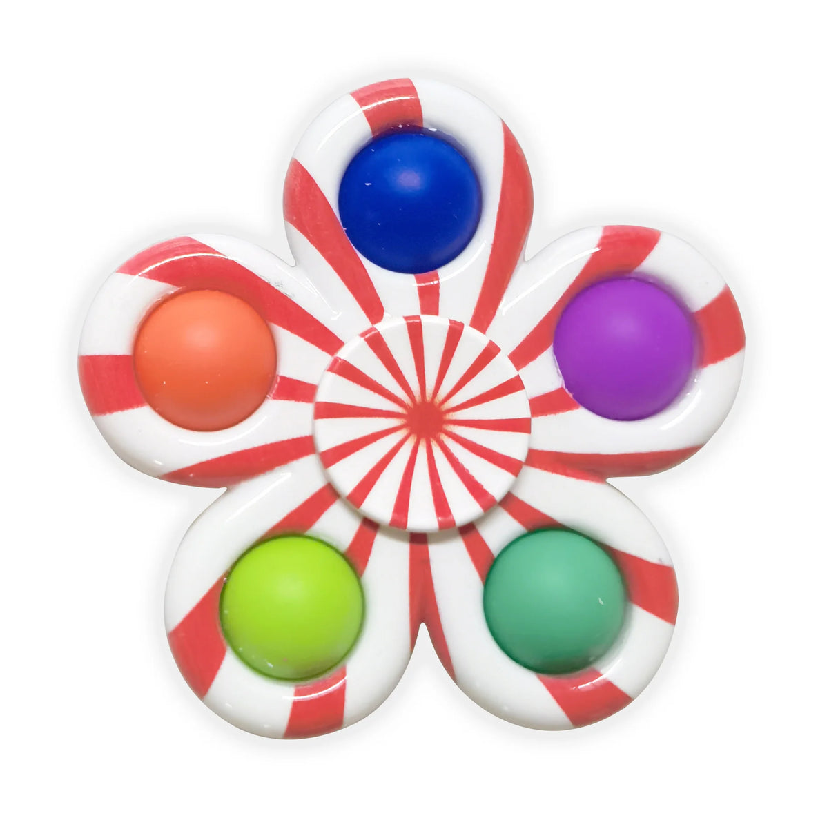 Colorful fidget spinner with red and white design on a white background