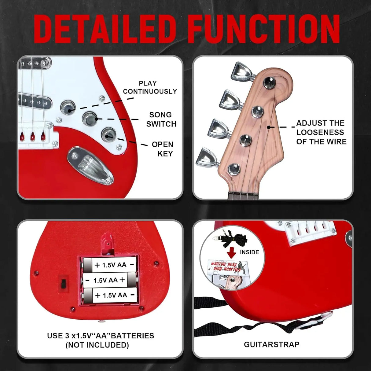Guitar strap with labeled functions on a black background