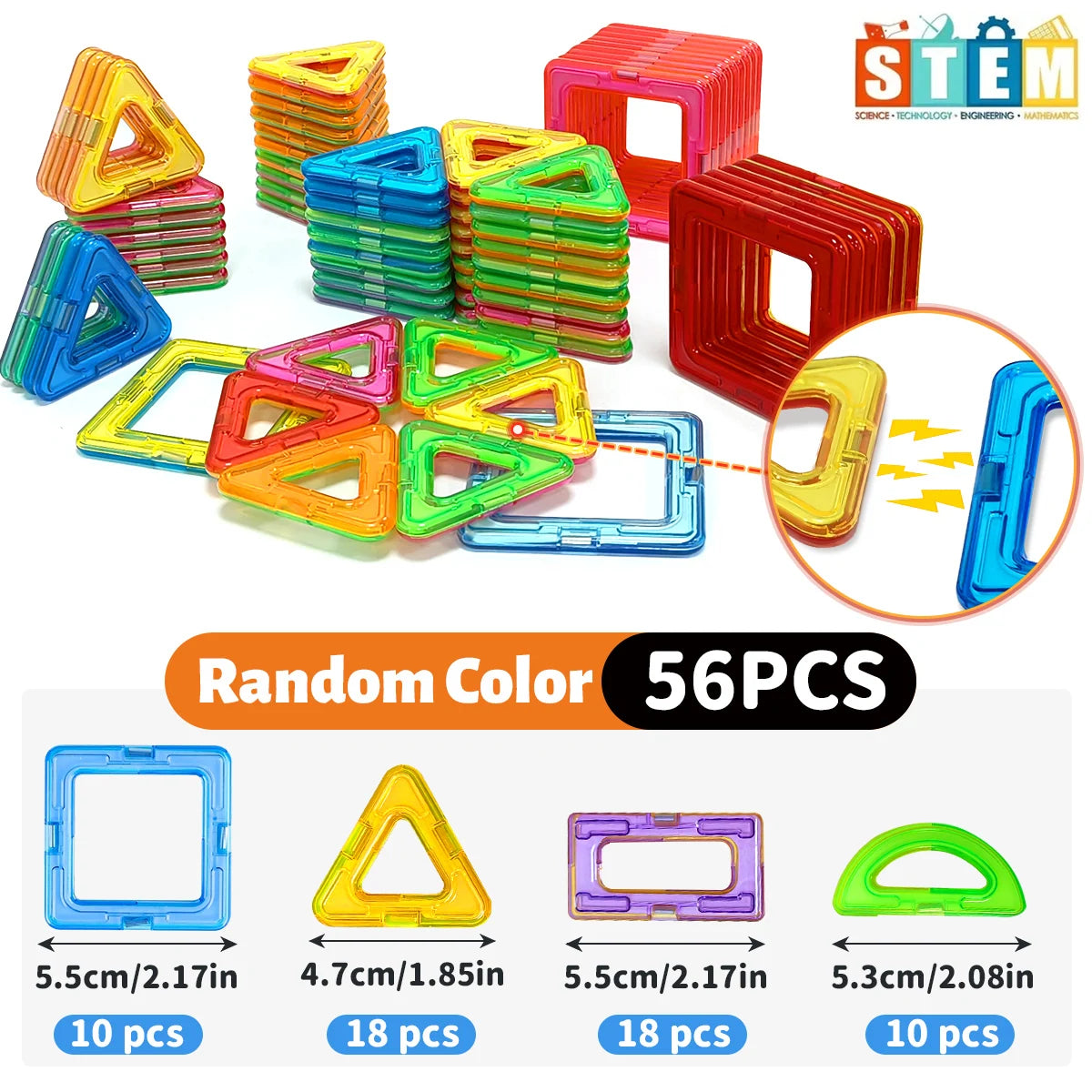 Colorful magnetic building blocks with STEM logo and product details on a white background