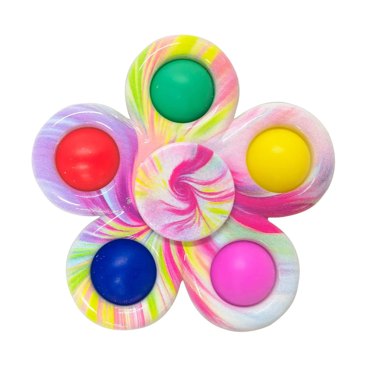 Colorful flower-shaped fidget spinner with multicolored swirl design on a white background