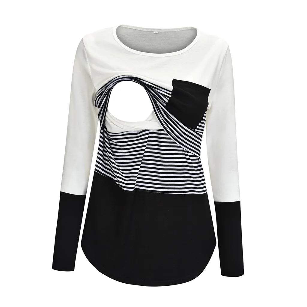 White and black long-sleeve top with a striped design on a white background