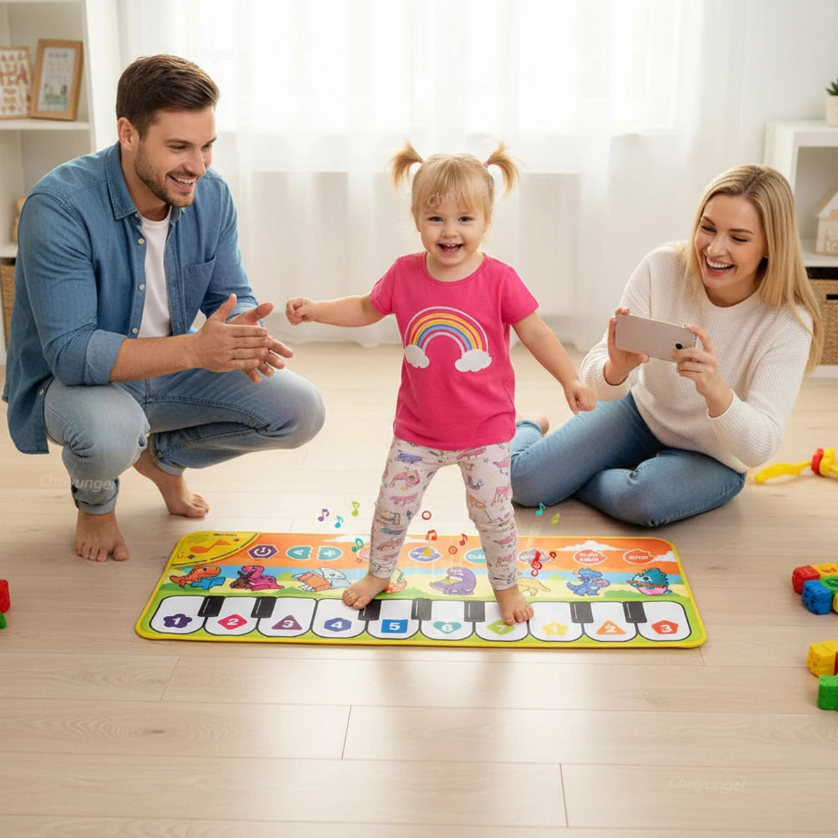Family playing with a colorful piano mat on the floor