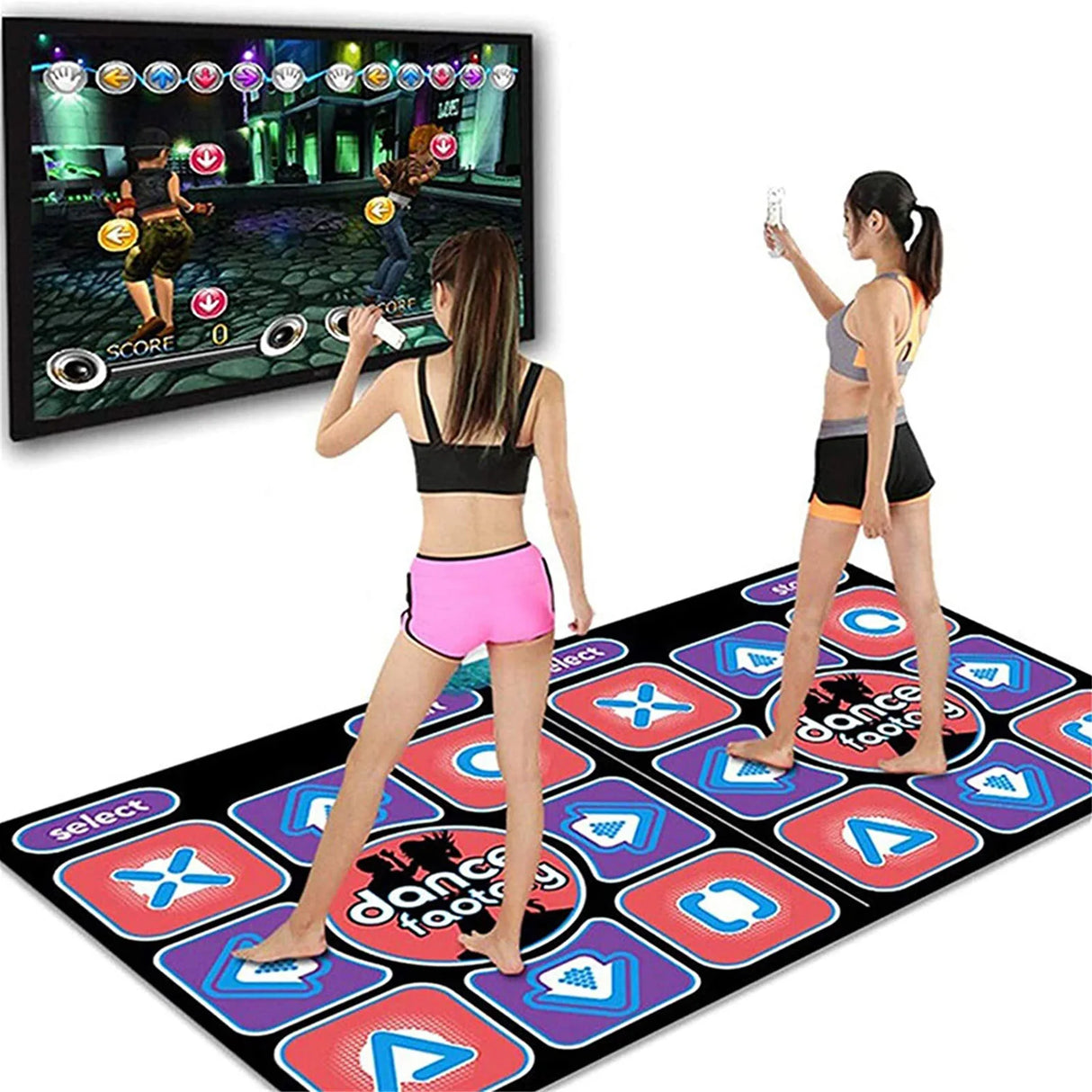Two women playing a dance game on a large interactive mat with a screen displaying game graphics.