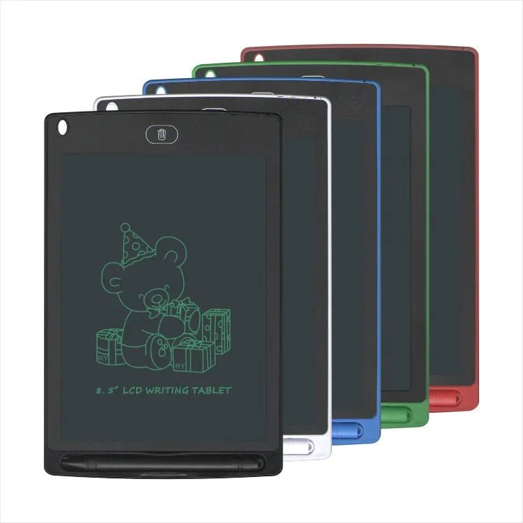 Set of colorful LCD writing tablets with a black tablet featuring a bear illustration.