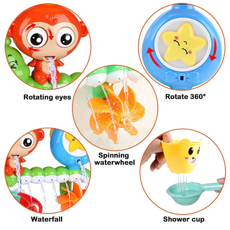 Set of colorful bath toys with rotating eyes, star-shaped toy, waterwheel, and shower cup.