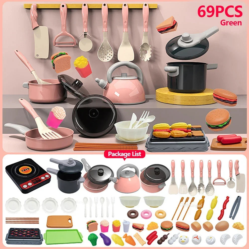 69-piece toy kitchen set with various utensils and appliances on a pink background.