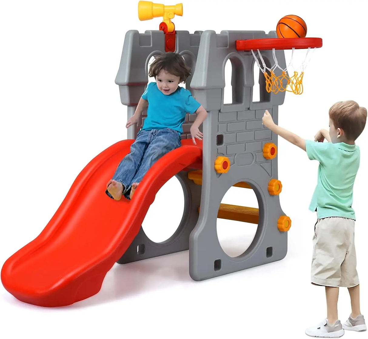 Children playing on a playground set with a red slide and basketball hoop.