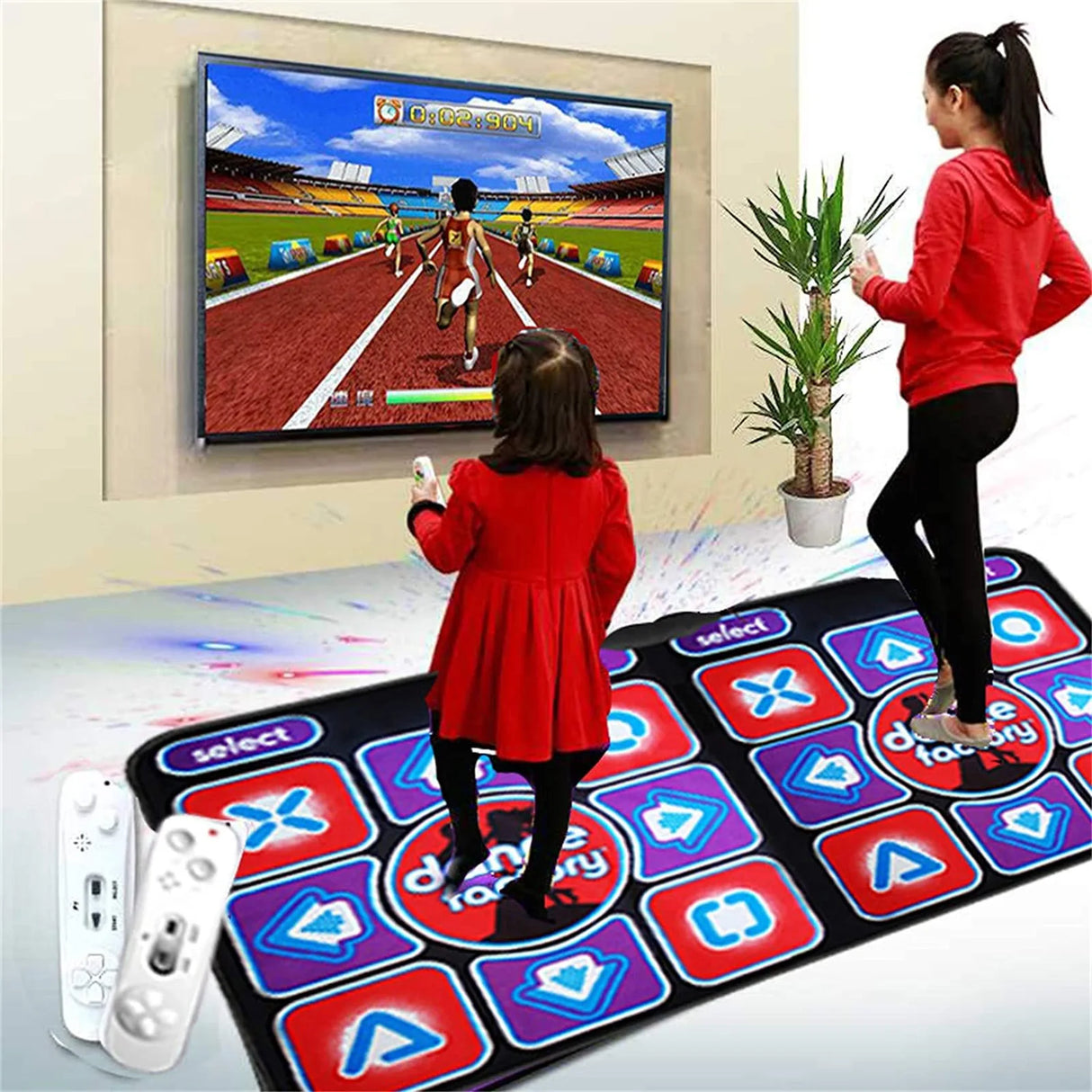 Two children playing on a large interactive dance mat in front of a TV screen.