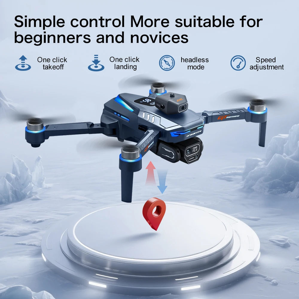 Drone with features for beginners on a snowy landscape background