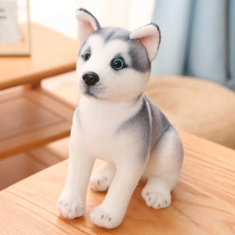 Plush toy husky dog on a wooden surface