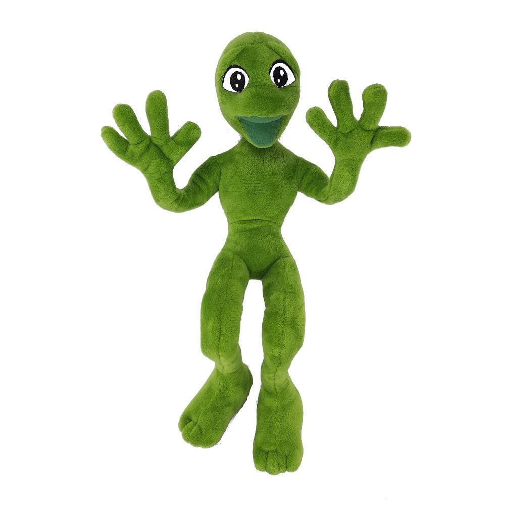 Green plush toy with a smiling face