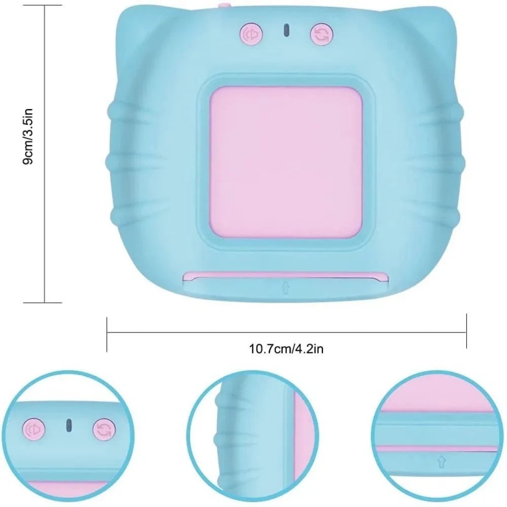 Small blue and pink device with dimensions and close-up views on a white background