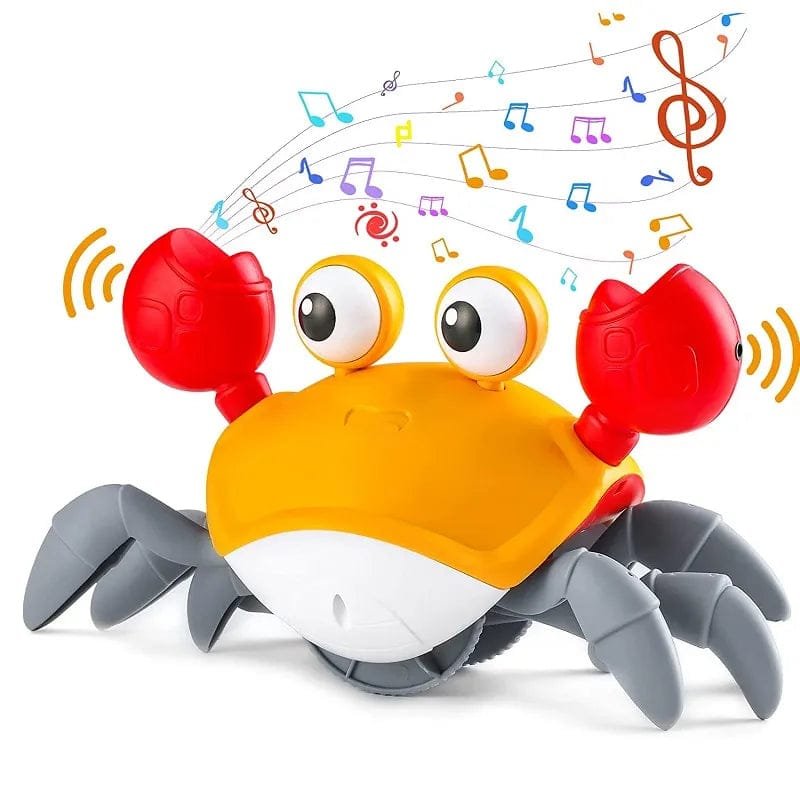 Toy crab with musical notes and sound wave graphics.