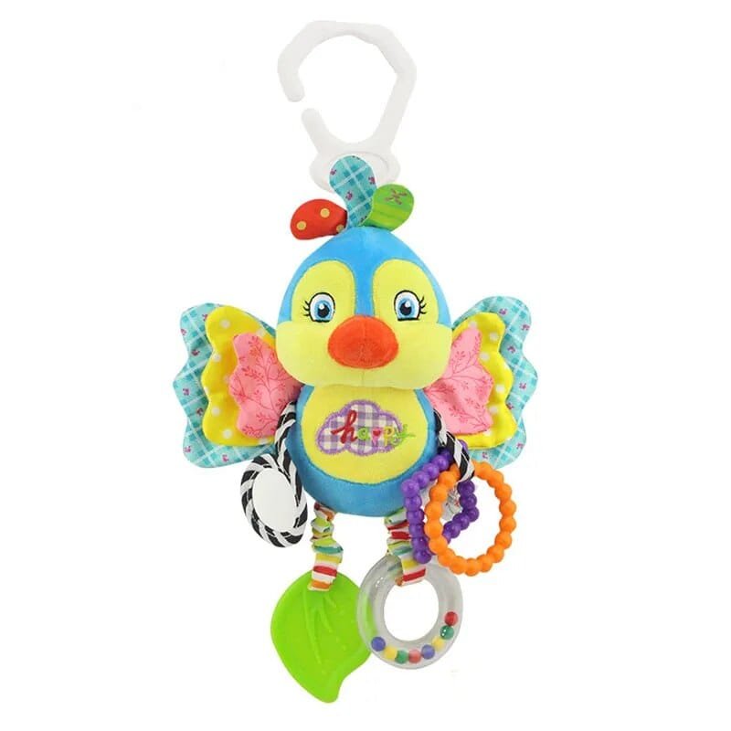 Colorful butterfly-themed baby toy with rattle and teether.