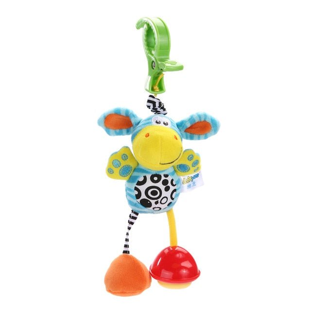 Colorful giraffe-shaped baby toy with a clip.