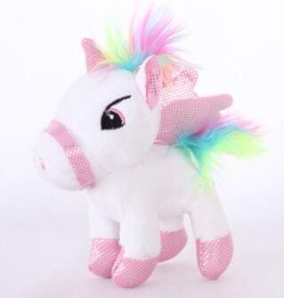 Stuffed unicorn toy with rainbow hair.