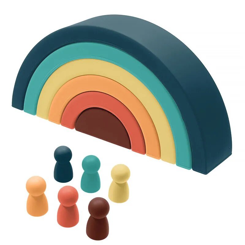Colorful wooden rainbow toy with small figurines
