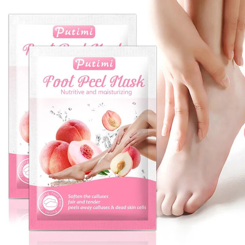 Putimi Foot Peel Mask packaging with a close-up of feet and hands.