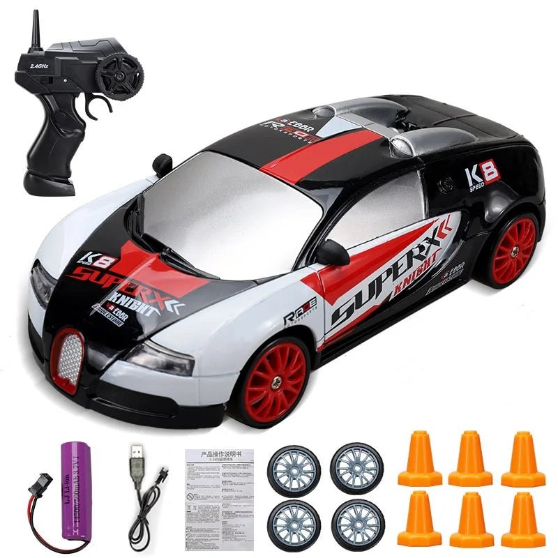 Toy race car with remote control, battery, and accessories.