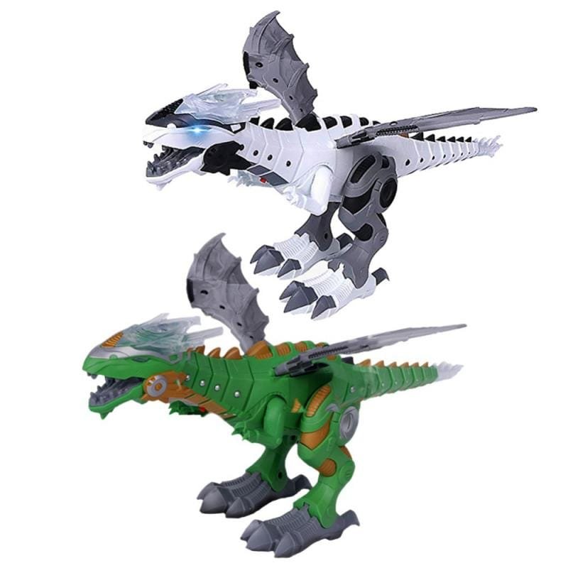 Two toy dinosaurs, one green and gray, the other white and gray