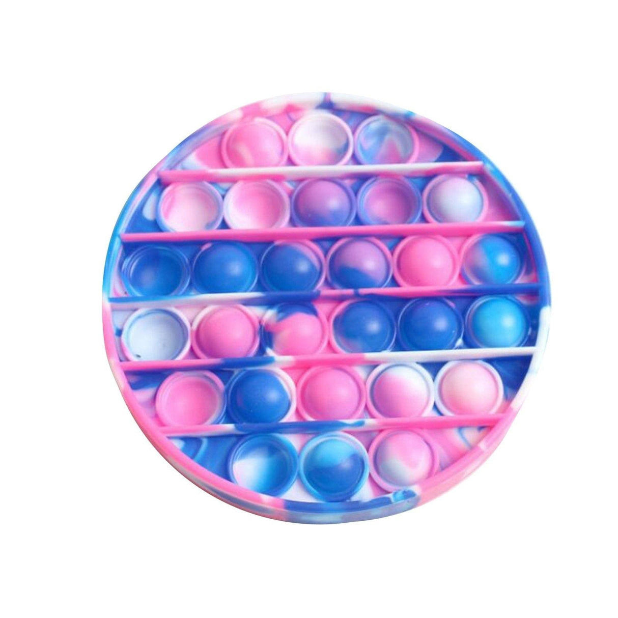Round pop-it fidget toy with pink and blue balls.