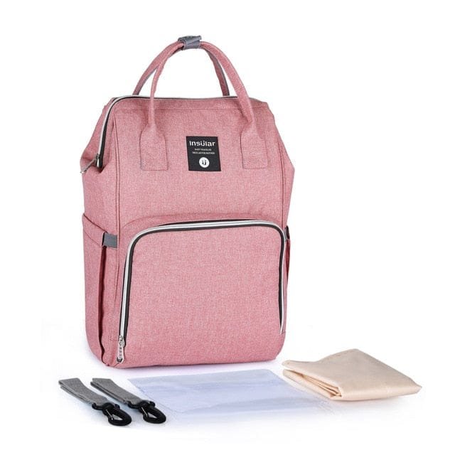 Pink backpack with accessories