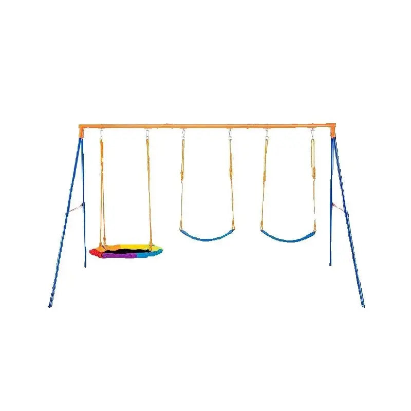 Children's swing set with a colorful seat.