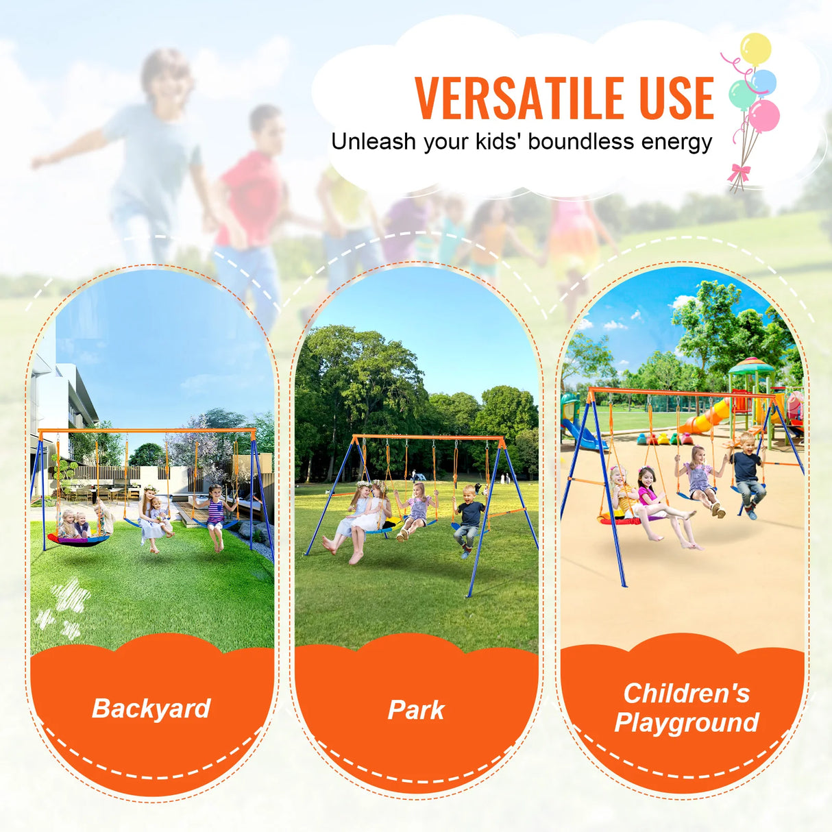 Children playing on a swing set with text highlighting versatile use in backyard, park, and children's playground.