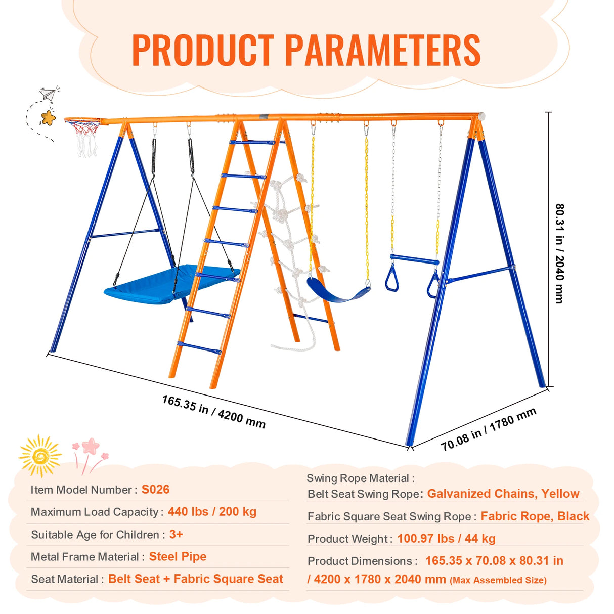 Children's swing set with dimensions and product parameters